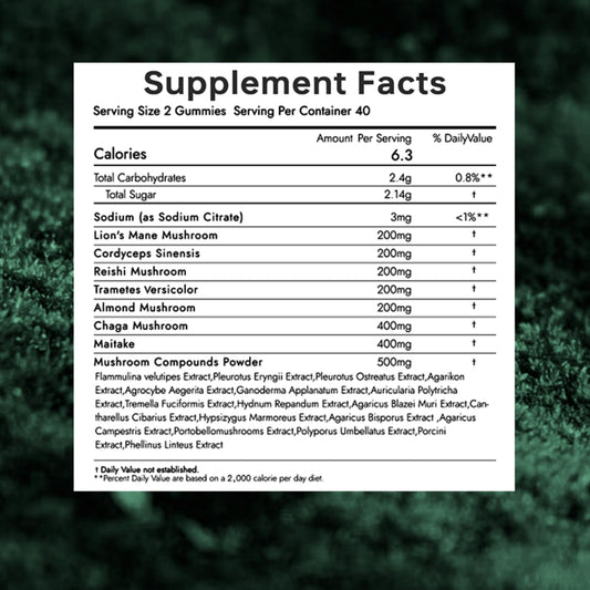Close-up of mushroom blend ingredients in gummies