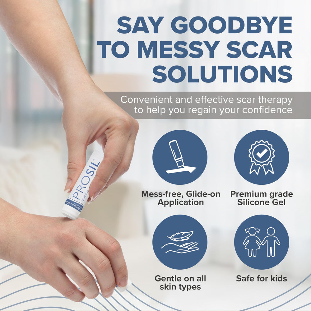 BIODERMIS ProSIL Scar Stick being applied to a scar area for glide-on comfort.