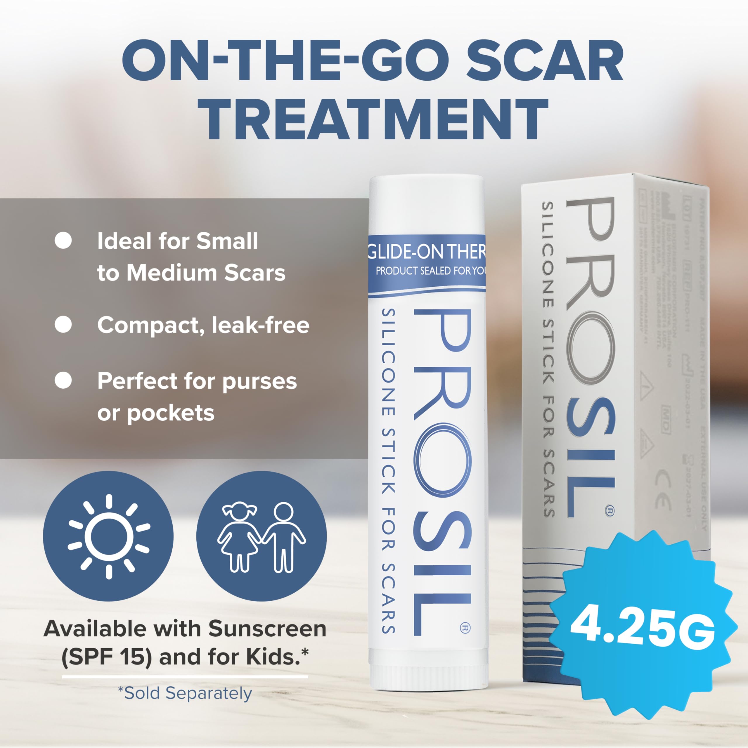 BIODERMIS PROSIL-stick glide-on application shown on skin for gentle scar care.