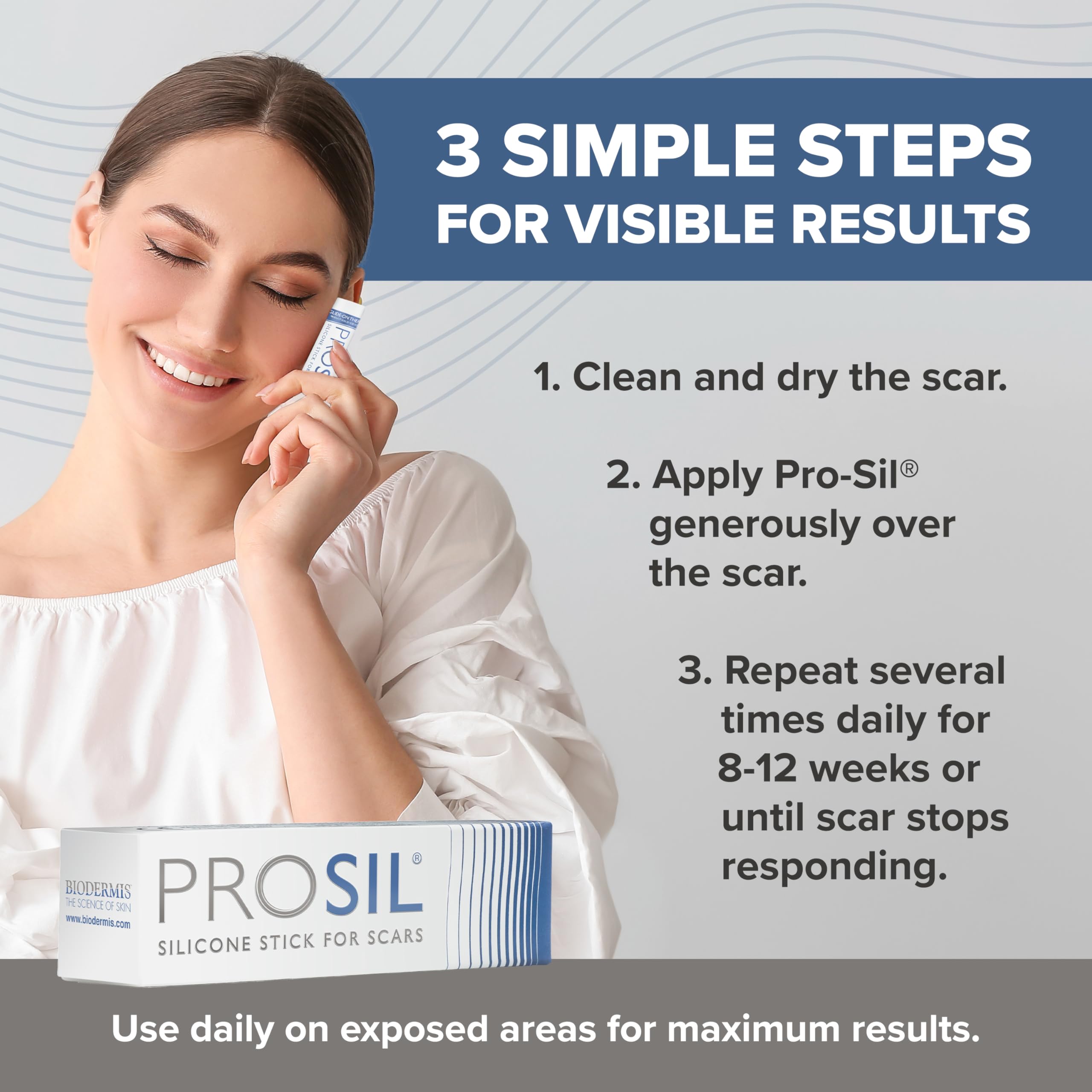 BIODERMIS PROSIL product shot highlights mess-free scar treatment formula.