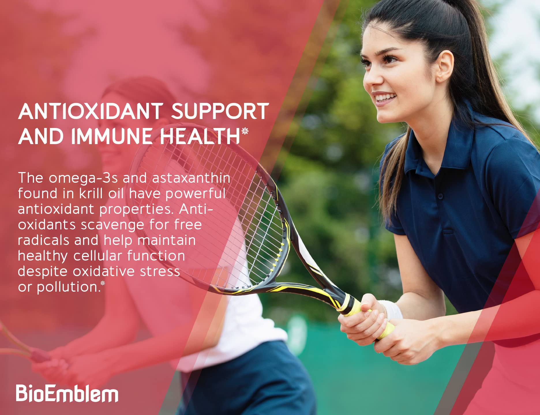 Close-up of BioEmblem Krill Oil bottle and softgels