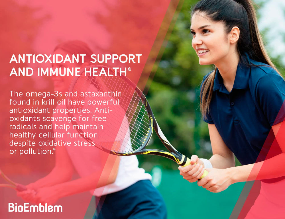 Close-up of BioEmblem Krill Oil bottle and softgels