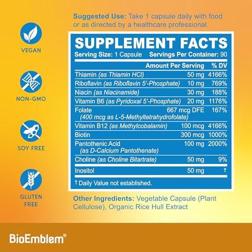 Vegan, non-GMO, USA-made quality labeling for BioEmblem B-Complex