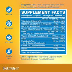 Vegan, non-GMO, USA-made quality labeling for BioEmblem B-Complex