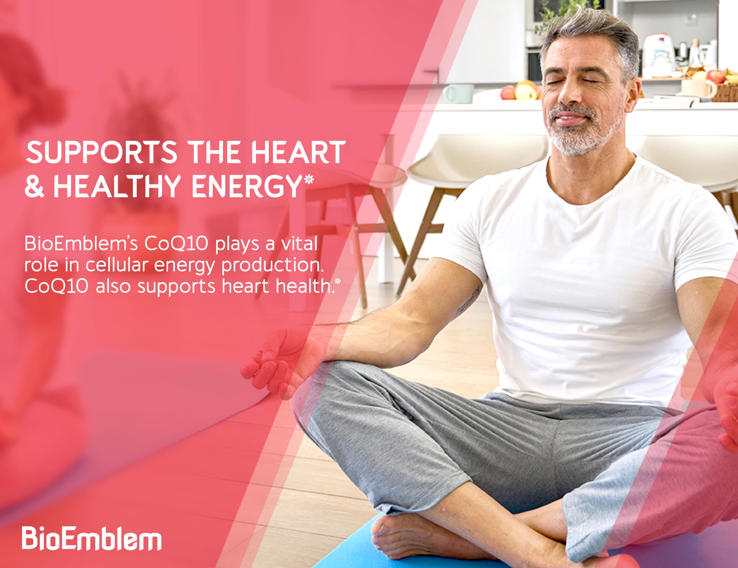 Close-up of BioEmblem CoQ10 with BioPerine label highlighting 200mg