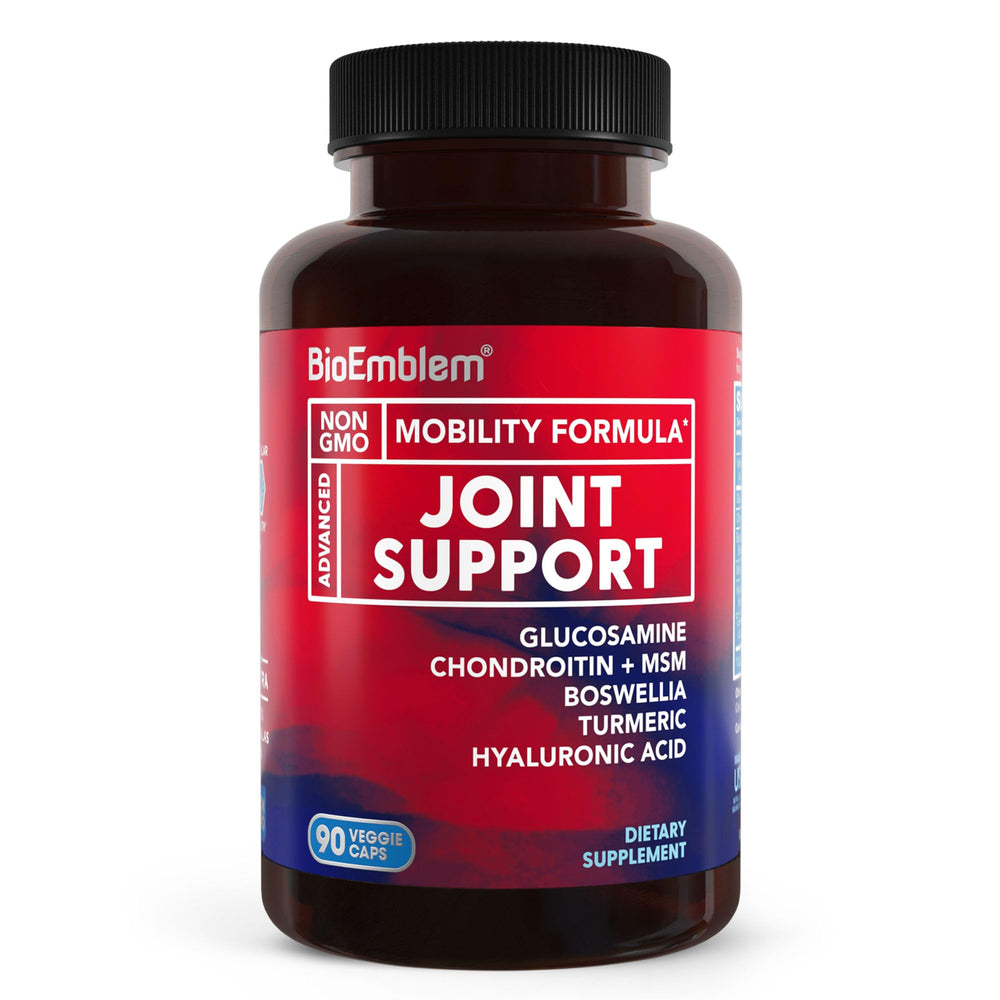 BioEmblem Joint Support bottle showing 1500 mg Glucosamine and 525 mg Chondroitin + MSM