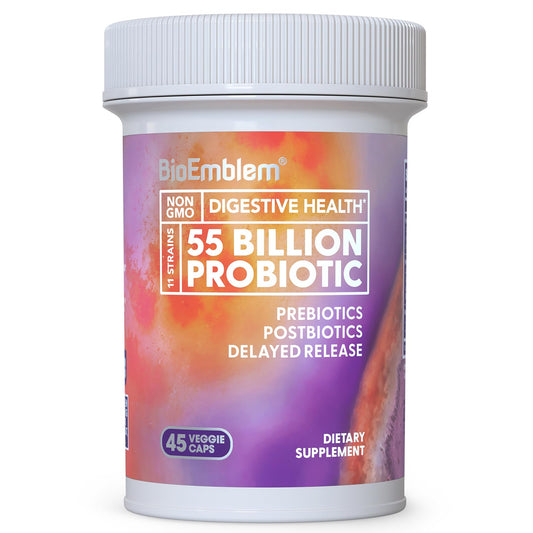 BioEmblem Probiotics bottle label displaying 55B CFU and 11 strains