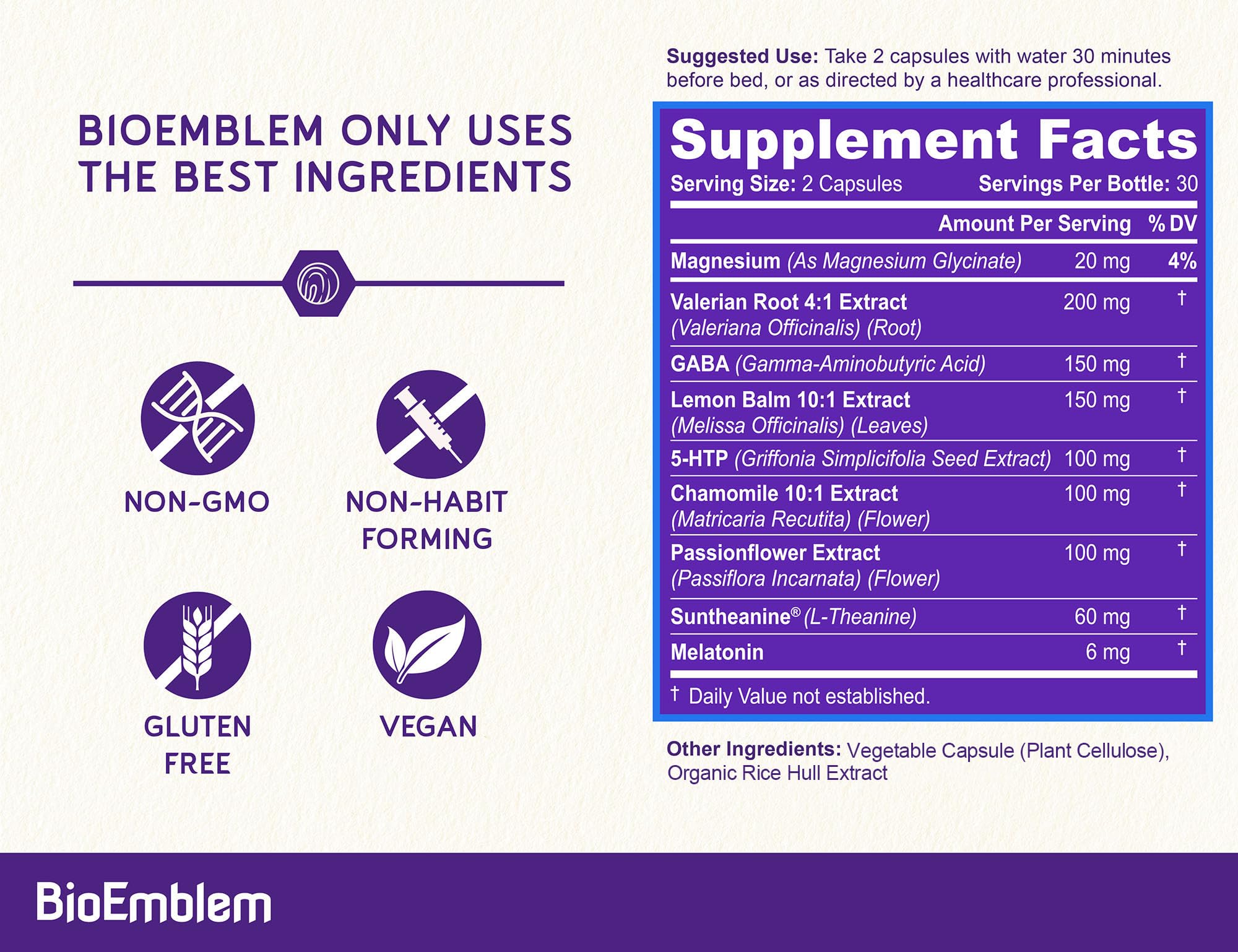 Valerian Root, Chamomile for calmness in BioEmblem Sleep Aid