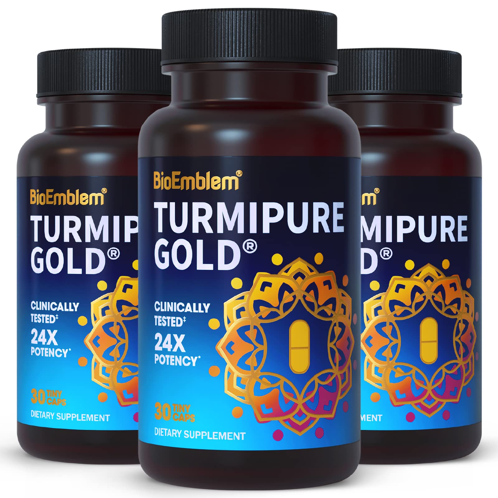 BioEmblem Turmeric Curcumin TurmIPure Gold bottle label showing 90 servings