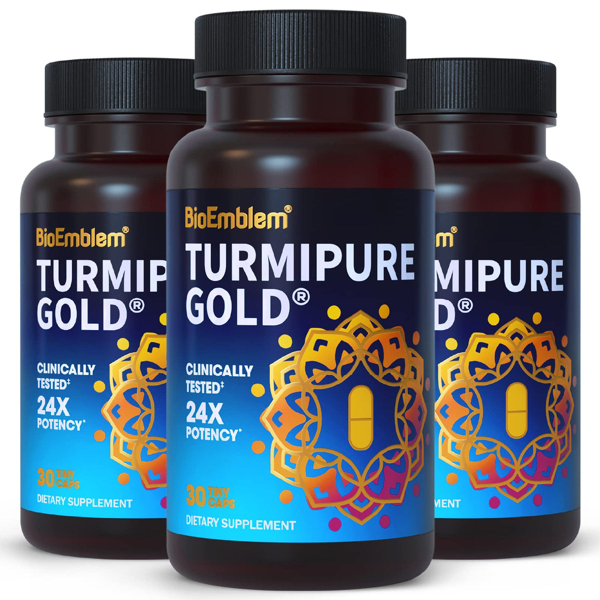 BioEmblem Turmeric Curcumin TurmIPure Gold bottle label showing 90 servings