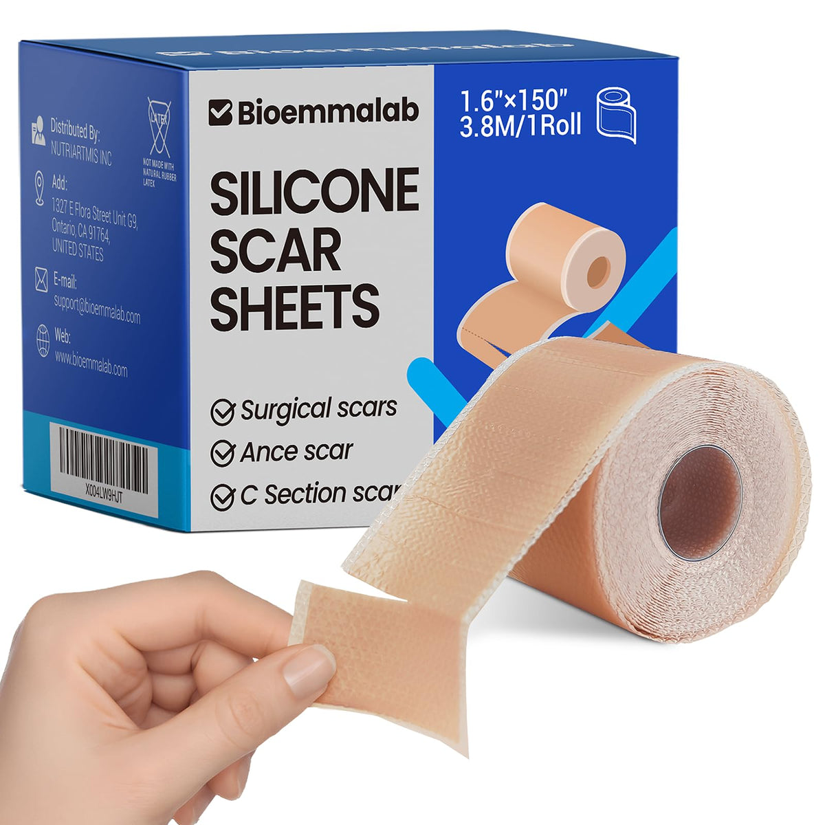 Bioemmalab silicone scar sheets package showing long-wear design for sensitive-skin use.