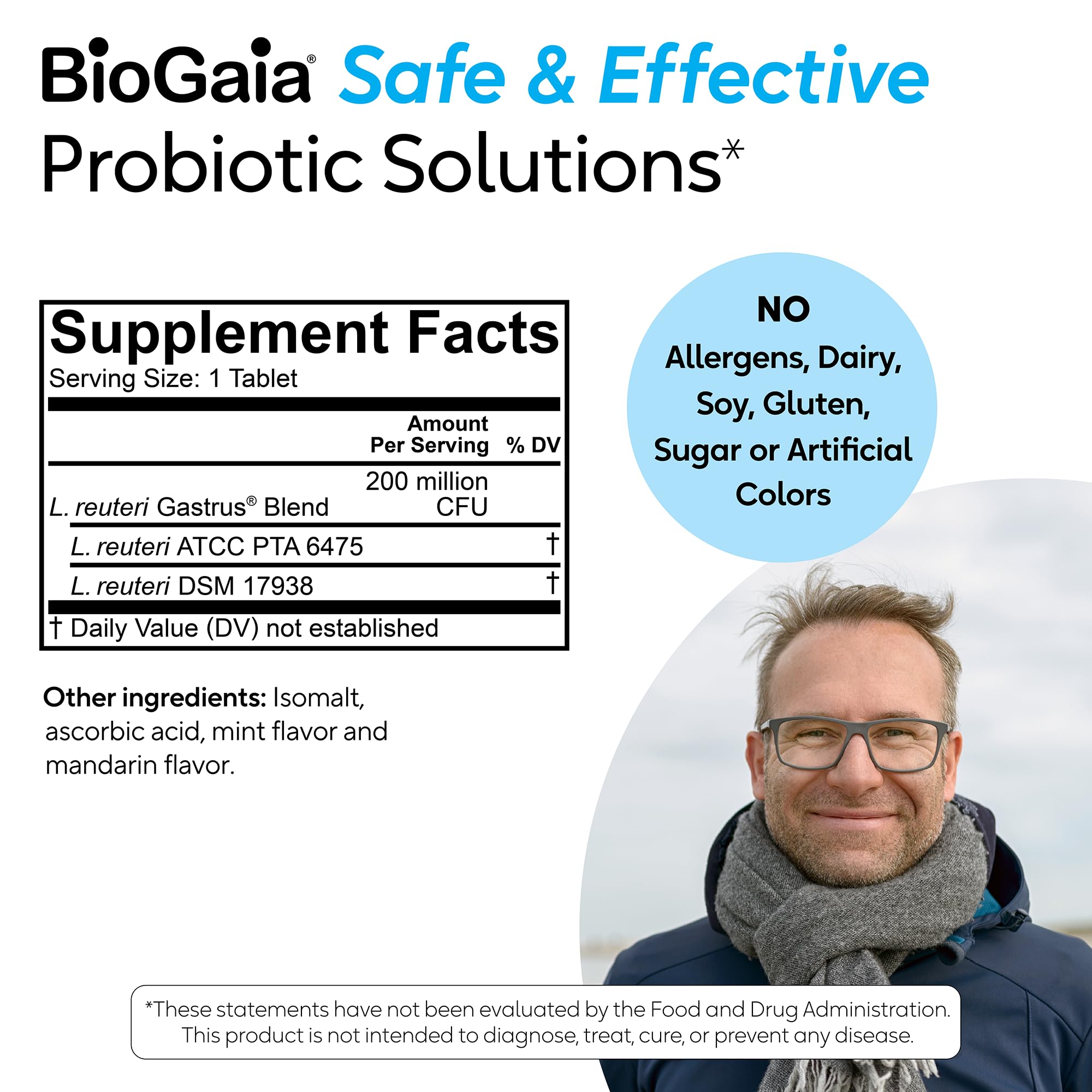 BioGaia Gastrus capsules closeup showing two patented strains for balance