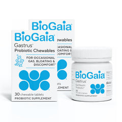 BioGaia Gastrus dual-strains bottles illustrate a daily gut balance option for comfort.