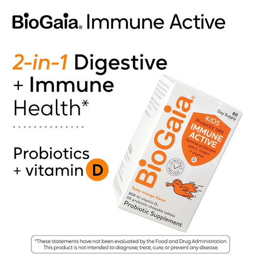 Box packaging for BioGaia Immune Active Kids probiotic + Vitamin D