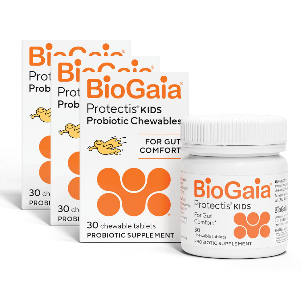 BioGaia Kids Probiotic Chewables lemon-lime flavor chews support daily routine.