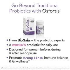 BioGaia Osfortis packaging image with bone health symbol for women.