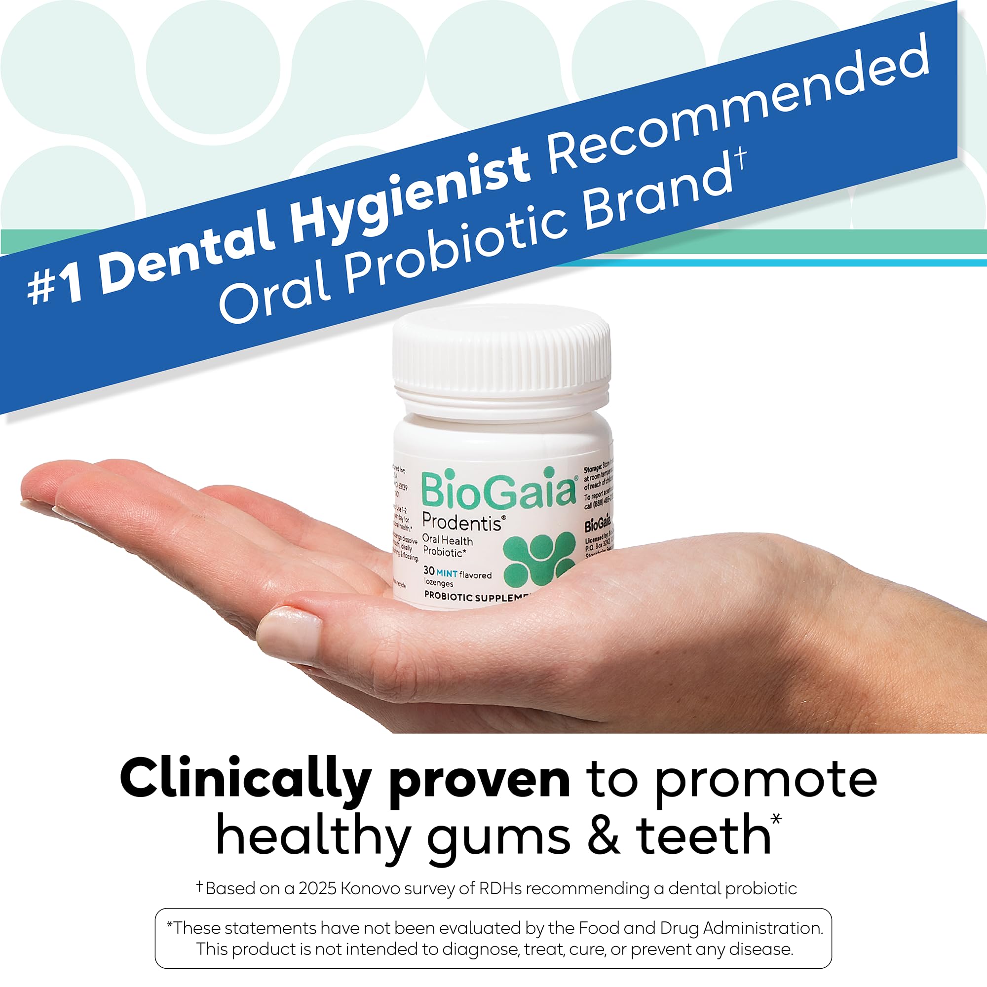 BioGaia Prodentis tube open with apple-flavored lozenges, easy daily dose