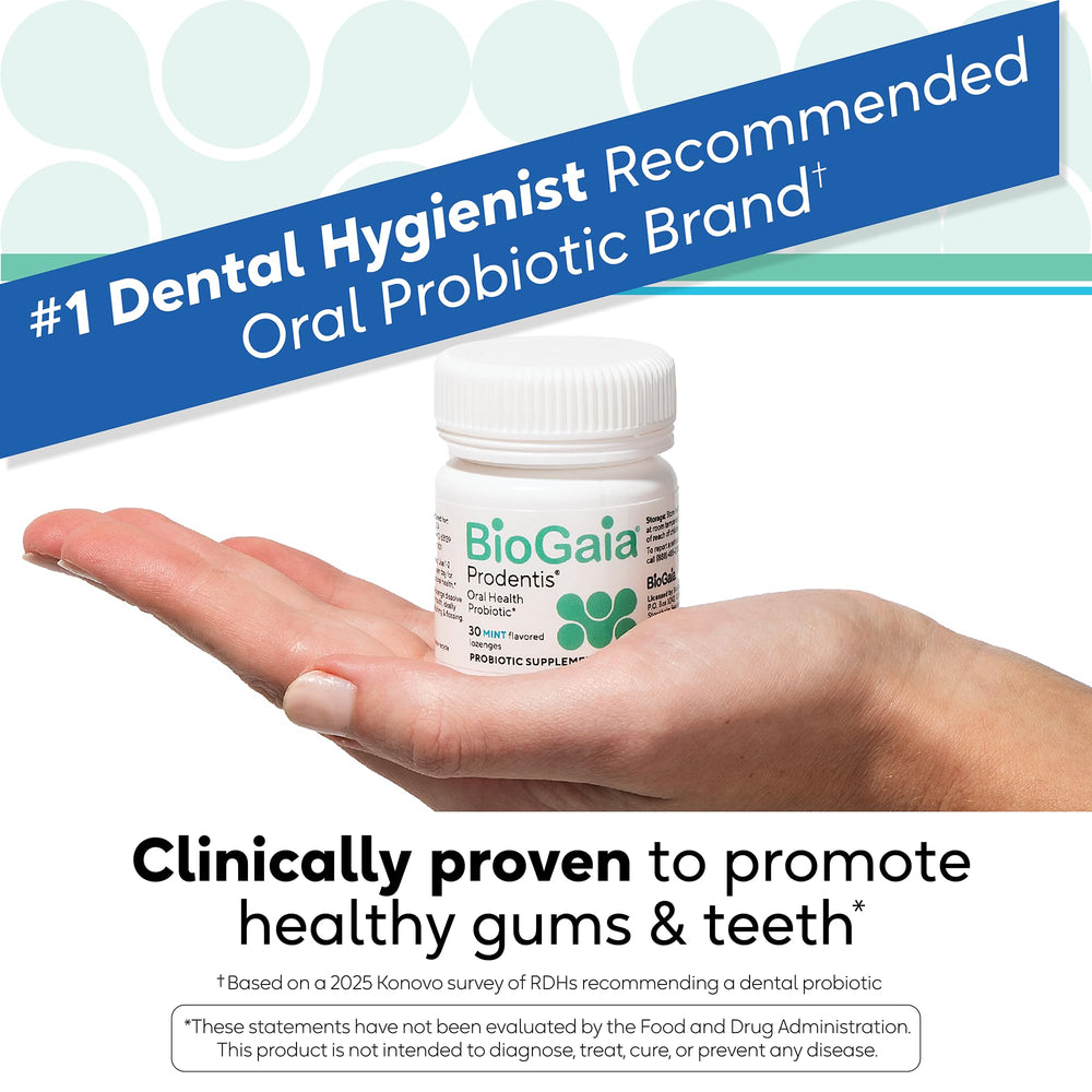 BioGaia Prodentis tube open with apple-flavored lozenges, easy daily dose