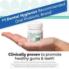 BioGaia Prodentis tube open with apple-flavored lozenges, easy daily dose