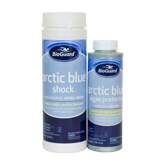 BioGuard Arctic Blue Winter Kit for 12,000-gallon pools including Arctic Blue Algae Protector, Arctic Blue Shock, and winterizing guide
