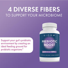 Diagram showing four diverse prebiotic fibers: inulin, XOS, apple pectin, and related fibers