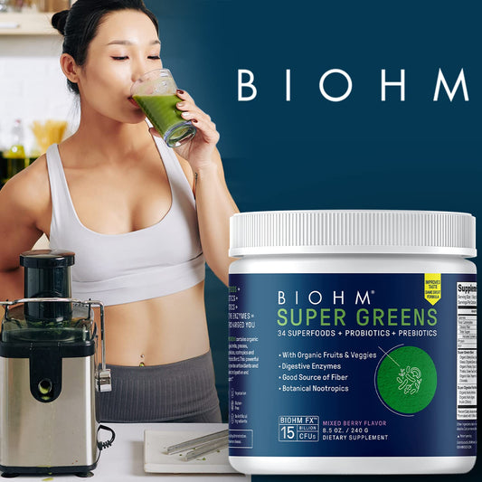 BIOHM Super Greens bottle with scoop