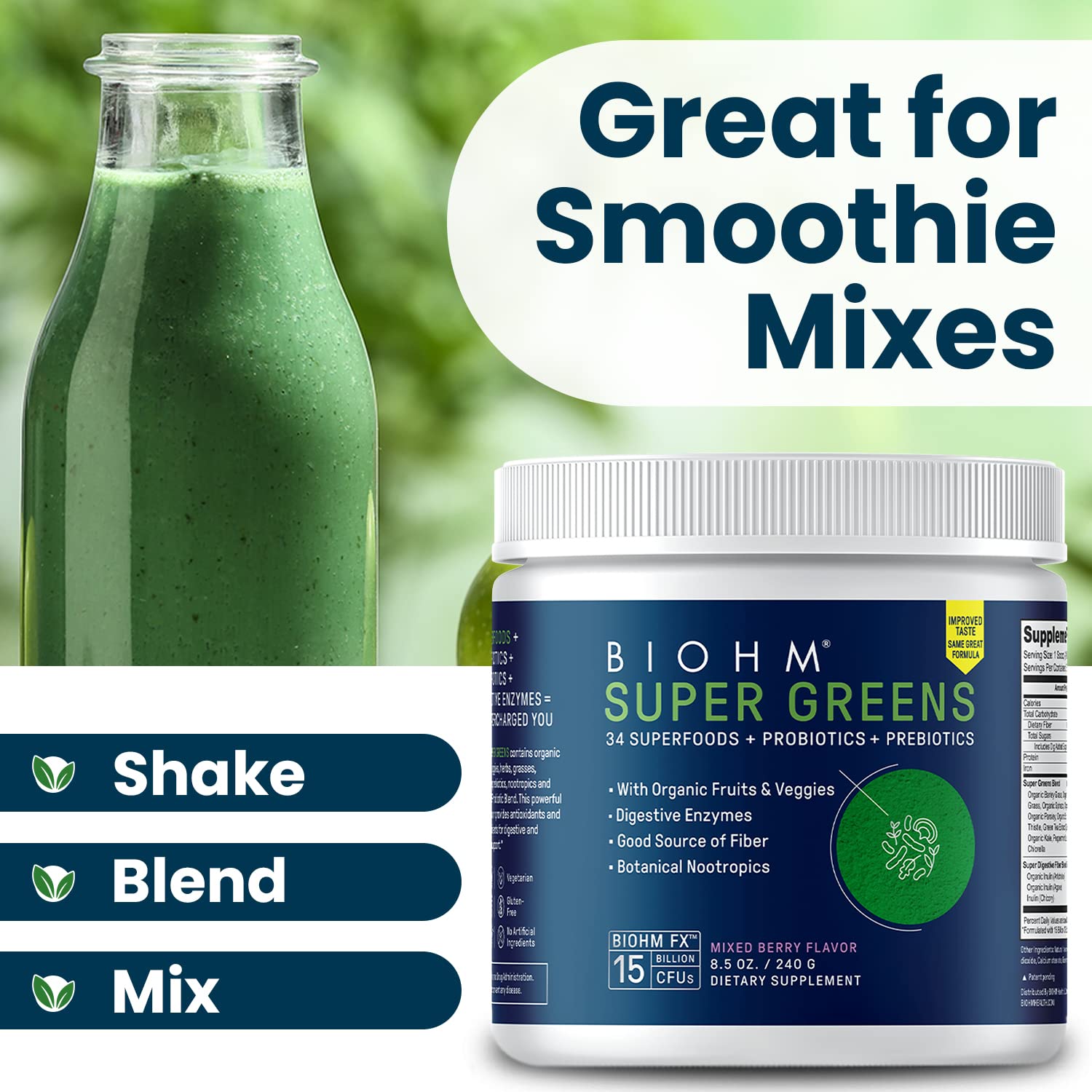 BIOHM Super Greens close-up of spirulina and greens ingredients
