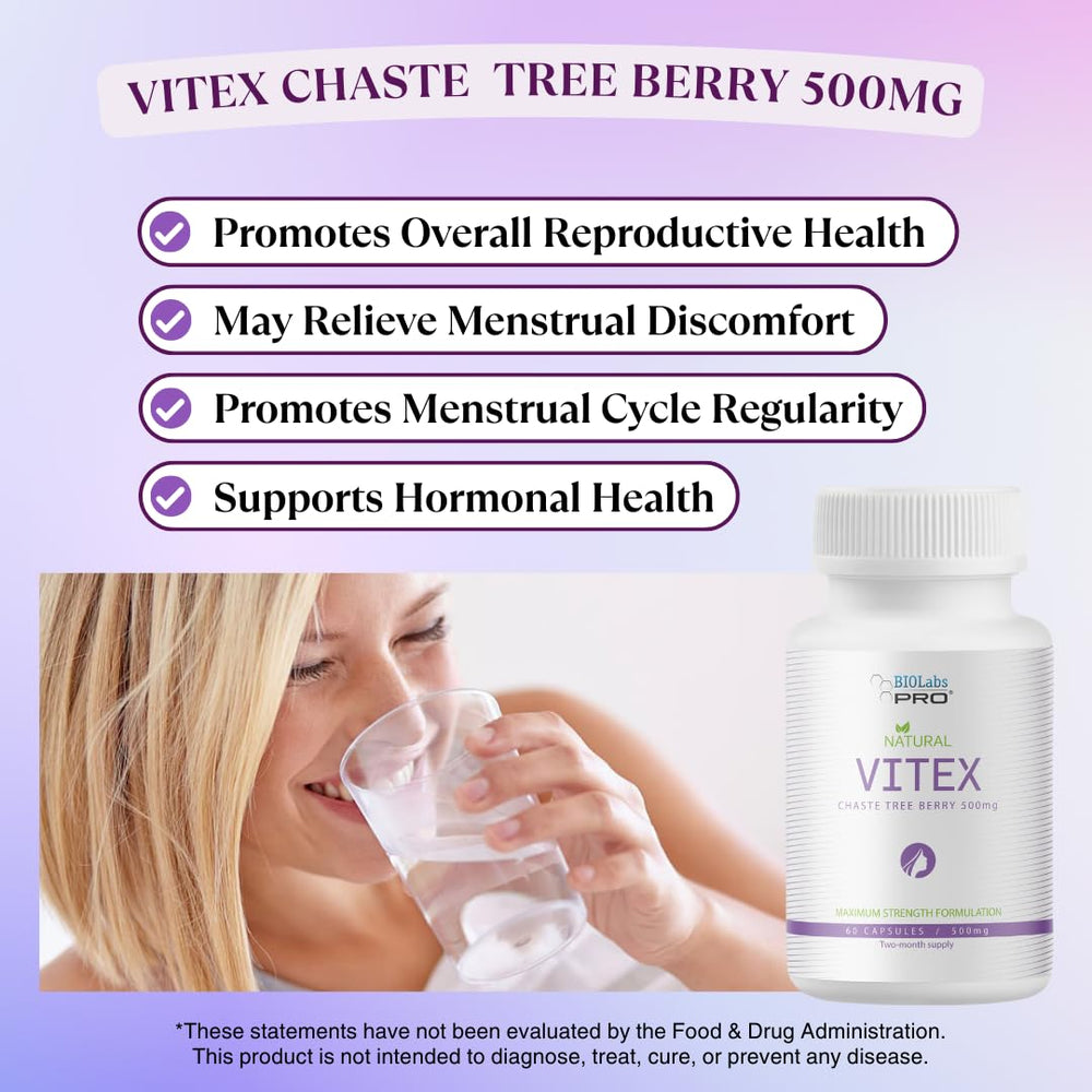 Nutritional label and ingredients panel on BIOLABS PRO Vitex bottle