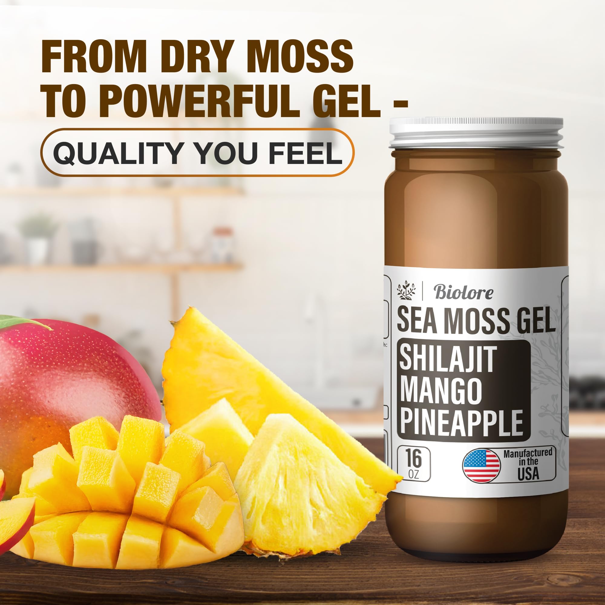 Close-up of mango pineapple sea moss gel texture in jar