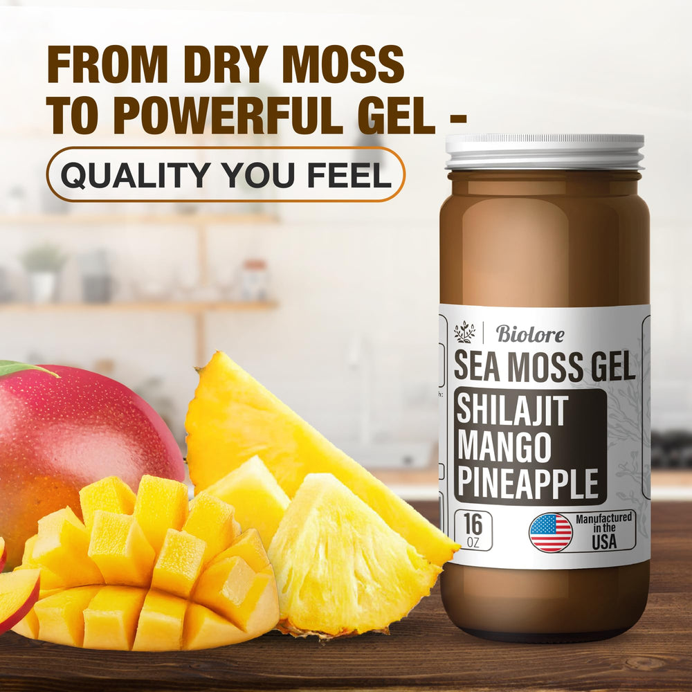 Close-up of mango pineapple sea moss gel texture in jar