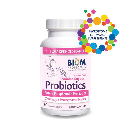 Biom Complete Feminine Balance probiotics bottle featuring cranberry and pomegranate ingredients