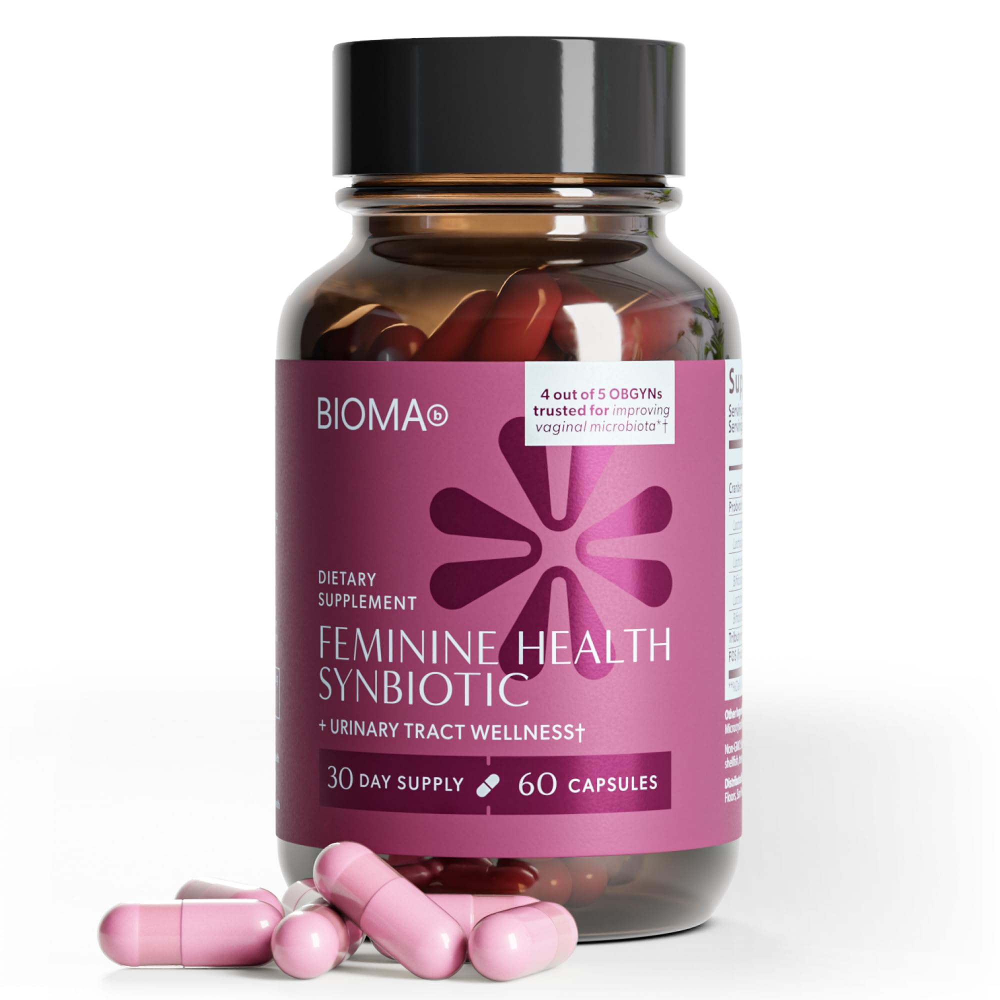 Bioma Feminine Health Synbiotic bottle close-up supports daily wellness.