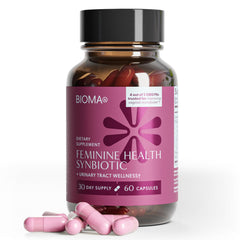 Bioma Feminine Health Synbiotic bottle close-up supports daily wellness.