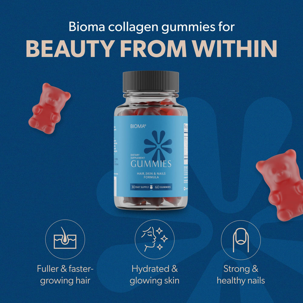Ingredients icons: biotin, collagen, zinc, vitamins C & D