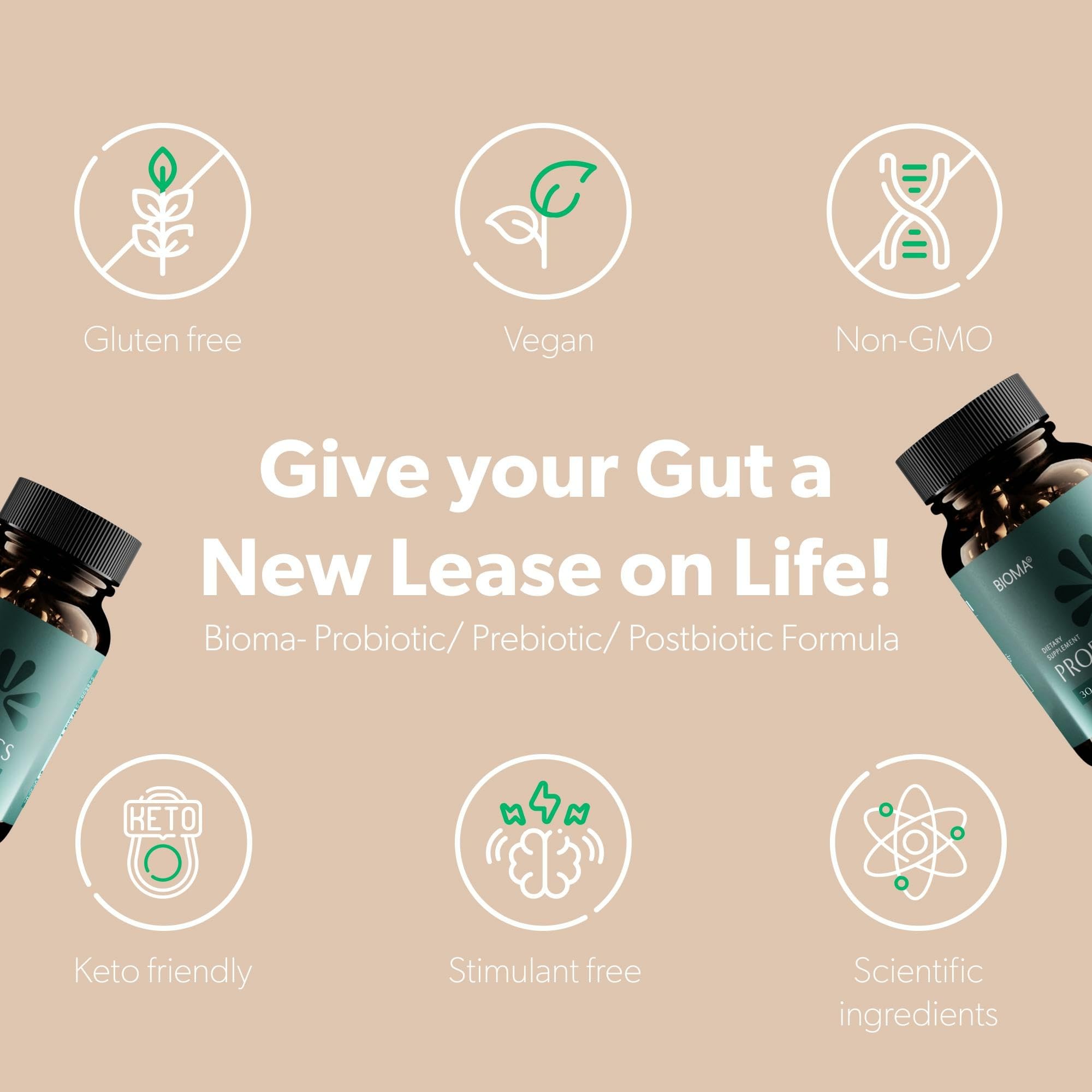 Vegan and gluten-free icons for Bioma Probiotics
