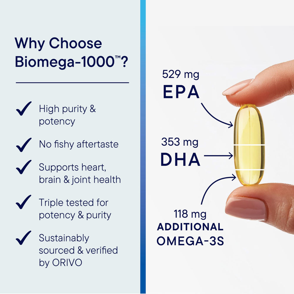 Close-up of Biomega-1000 bottle highlighting heart health benefits
