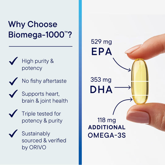 Close-up of Biomega-1000 bottle highlighting heart health benefits