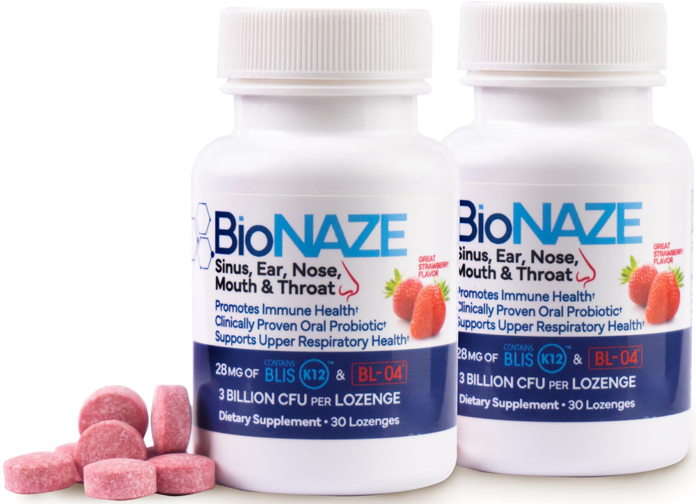 Bionaze bottle with BLIS K12 and BL-04 capsules for daily oral health support.
