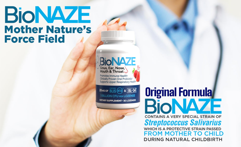 Bionaze bottle and water glass show easy two-per-day intake.