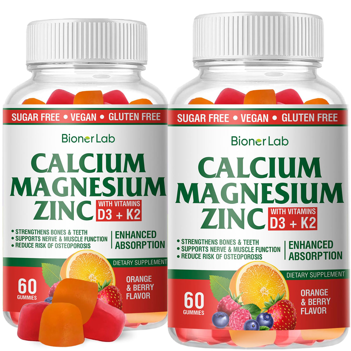Bottle of BionerLab Calcium Magnesium Zinc Gummies with orange and berry flavor