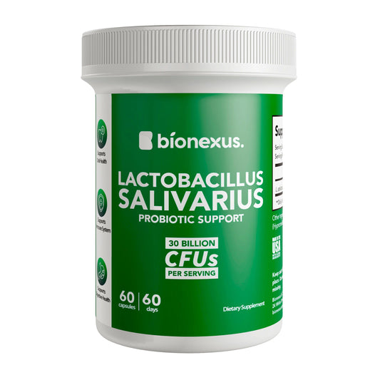 Front view of Bionexus Lactobacillus Salivarius probiotic bottle
