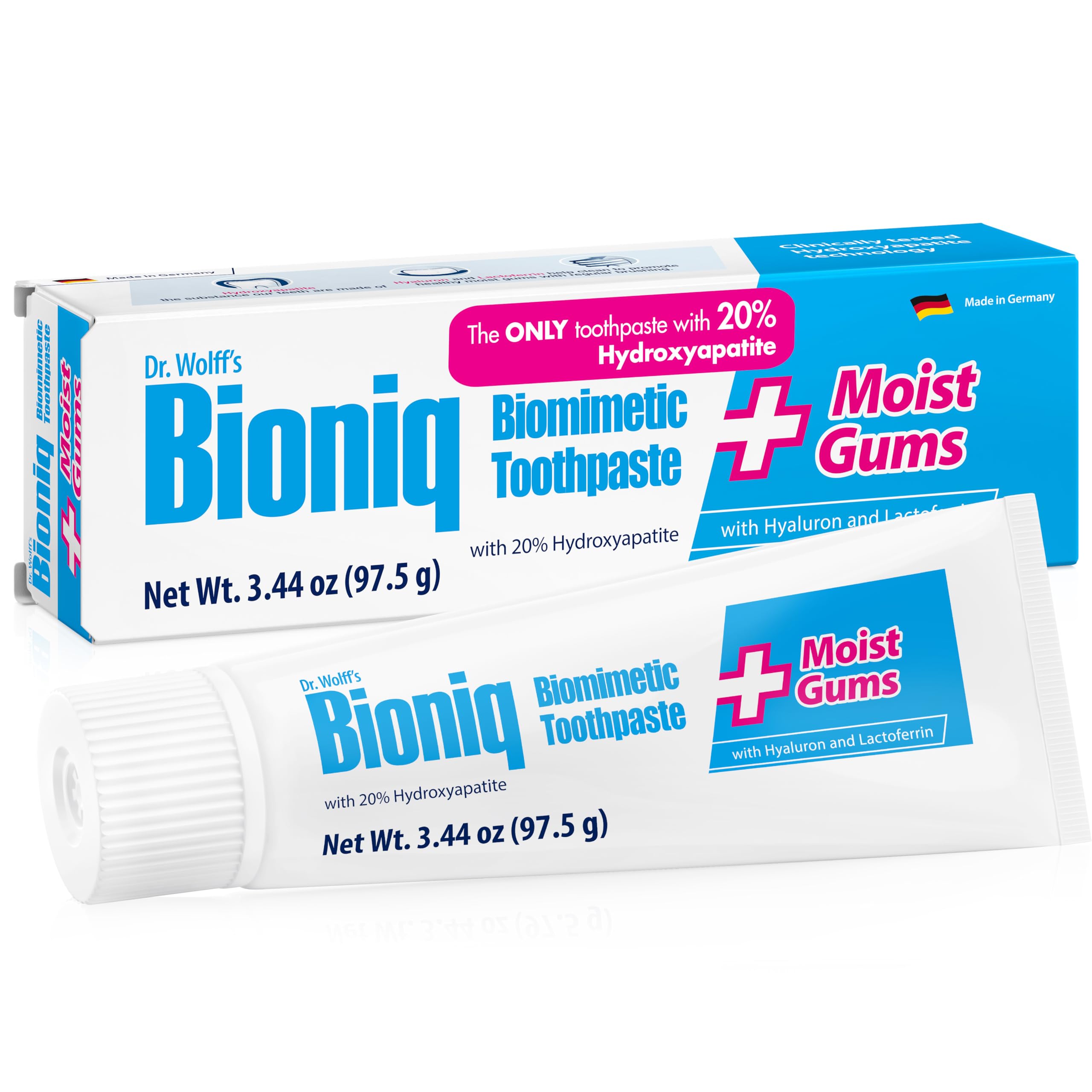 Front view of Bioniq Moist Gum Toothpaste with 20% hydroxyapatite, 3.44 oz