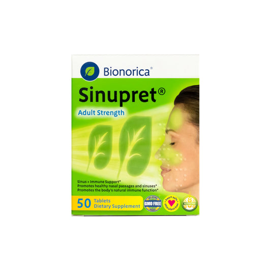 Bionorica Sinupret adult strength bottle-front packaging for natural sinus support