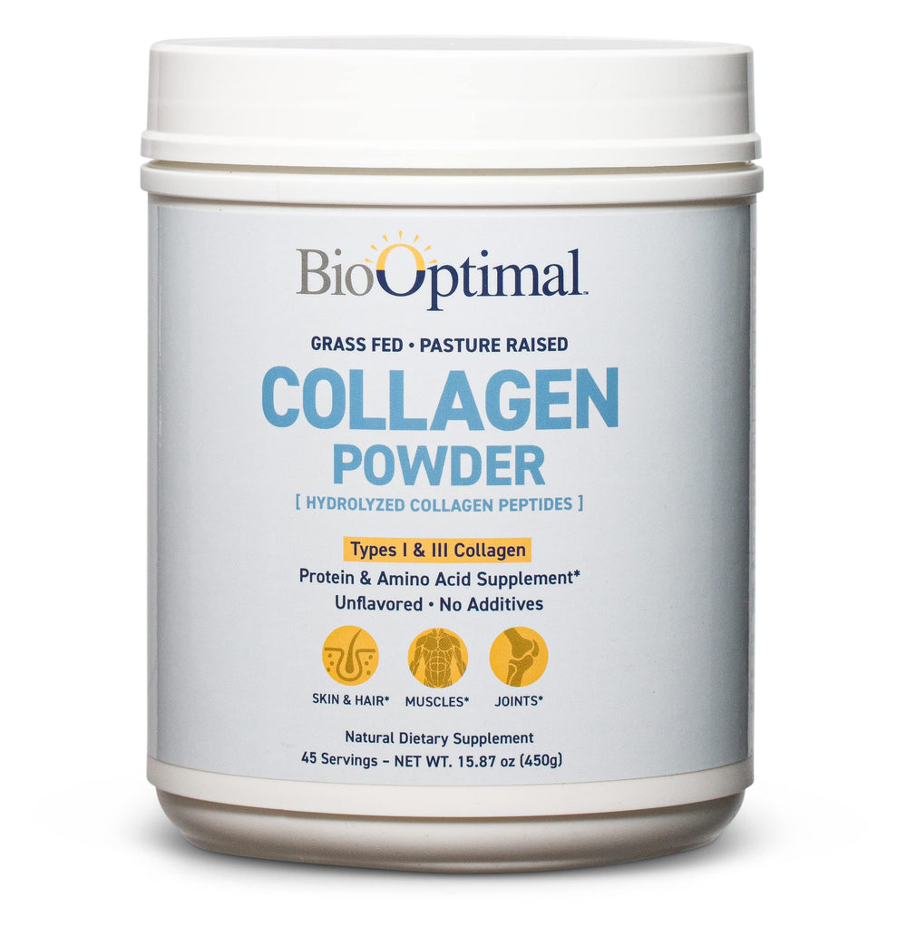 BioOptimal Collagen Peptides bottle shows grass-fed label for daily wellness