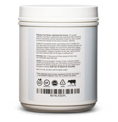 Label on BioOptimal collagen powder emphasizing grass-fed, non-GMO status