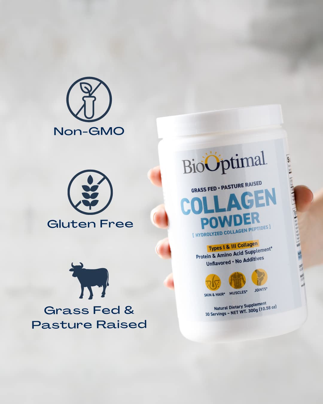 Non-GMO label on BioOptimal Collagen packaging