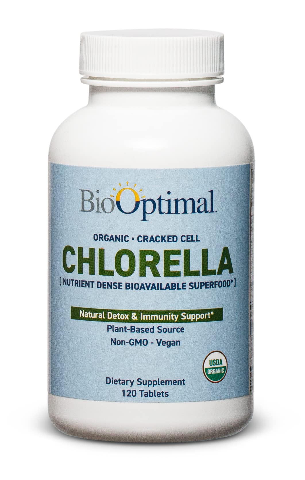 Bottle of BioOptimal Organic Chlorella Tablets on white background