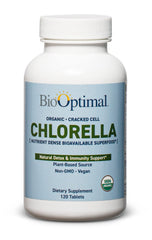 Bottle of BioOptimal Organic Chlorella Tablets on white background