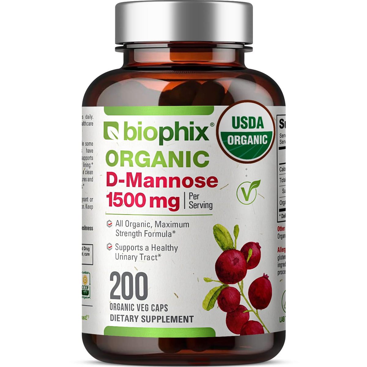 Biophix D-Mannose 1500 mg bottle with 200 veggie caps on white background