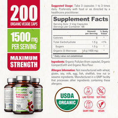 Non-GMO and vegan-friendly icons on Biophix D-Mannose container